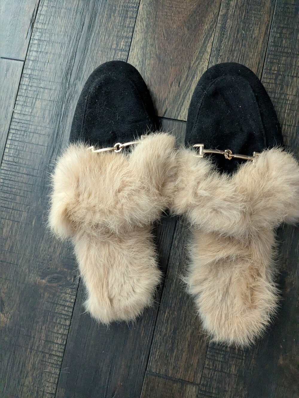 Memoi Black Suede Mule Slides with Beige Faux-Fur and Gold Accent